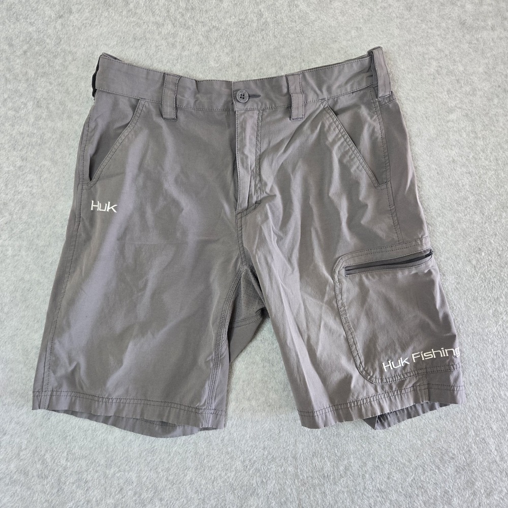 Huk Shorts Mens Large Fishing Gray Performance Next Level Cargo Zipper‎ Pockets